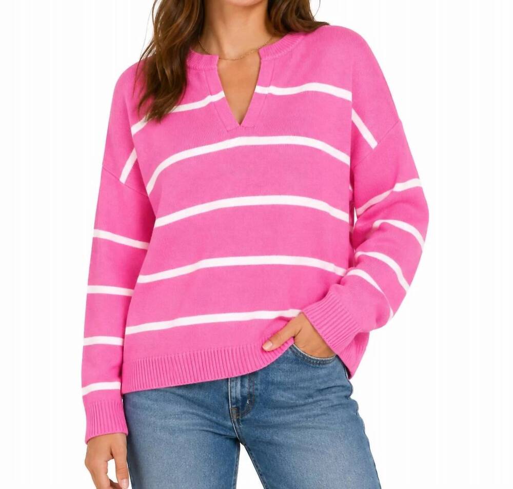NEW ZENANA split neck striped sweater in hot pink